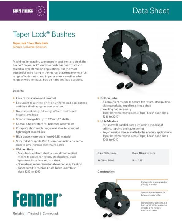 Fenner Taper Lock Bushes, Datasheet